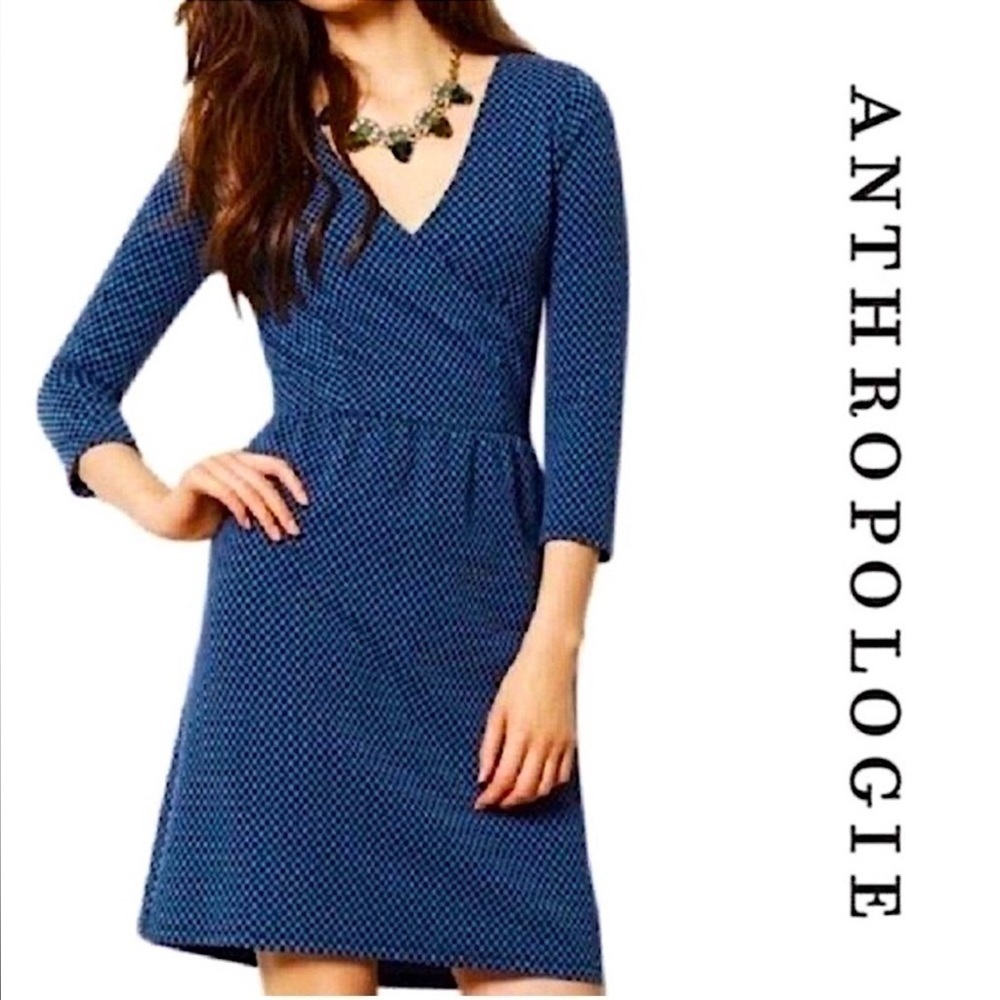 Anthropologie HD in Paris Blue Polka Dot Faux Wrap Dress S 3/4 Sleeve Boho Chic